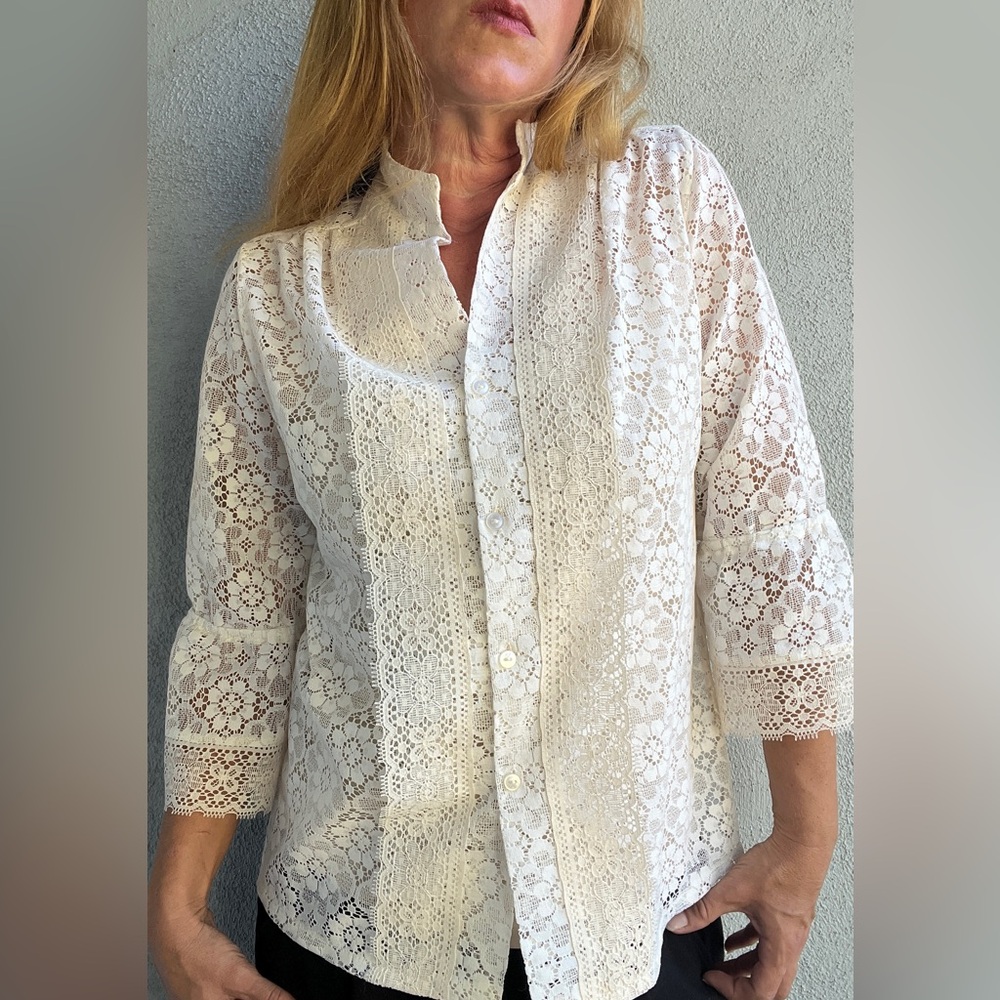Vintage 70s Carefree Fashions Cream Lace Shirt Blouse Prairie Cottage Boho M